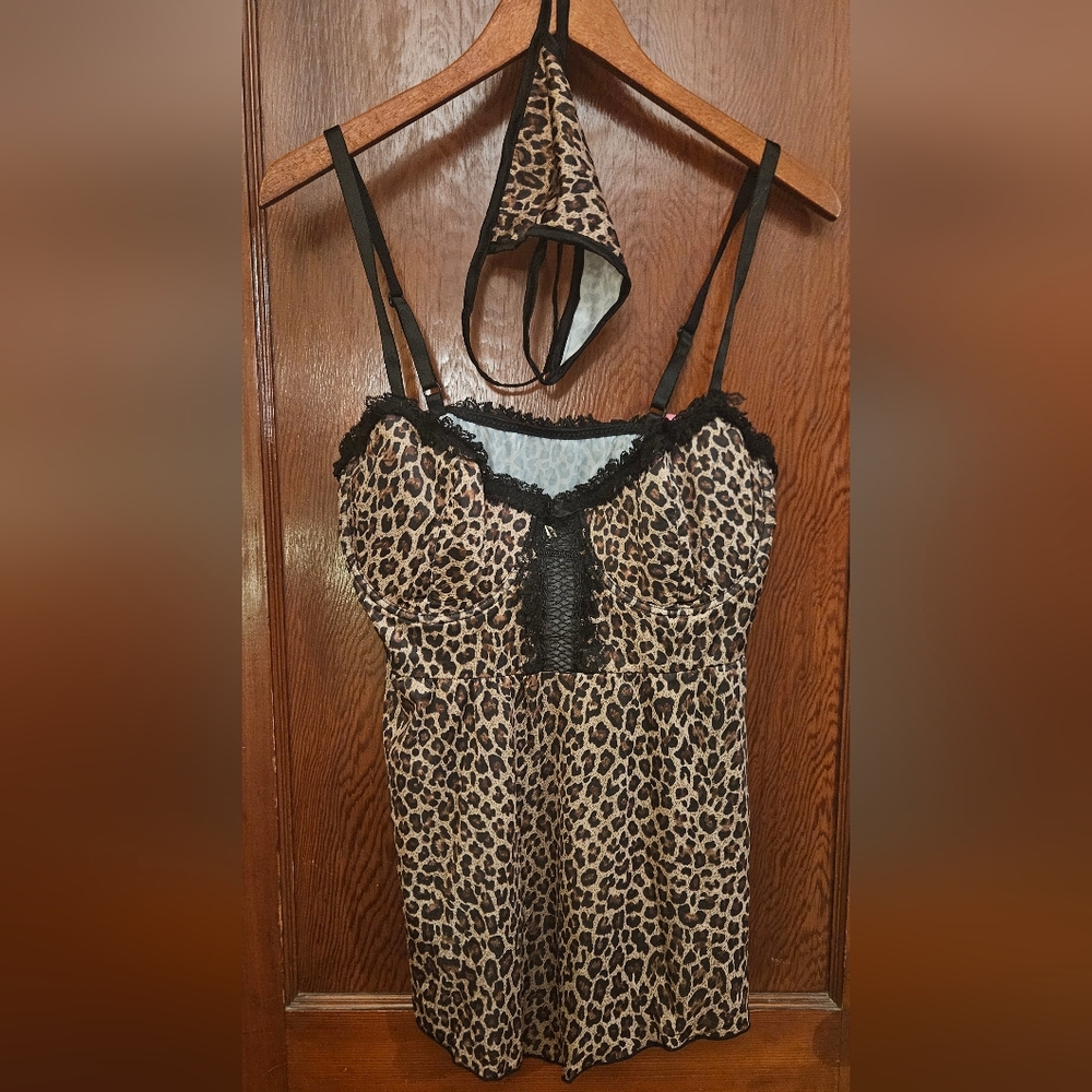 NWT Plus Size Lingerie Leopard Print Babydoll Dress And G-string